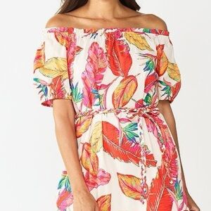 Nine West Colorful Tropical Floral Print Off the Shoulder Dress
